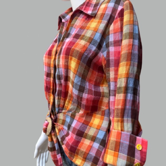 Lafayette 148 New York Plaid Button Front Buckle Accent Shirt - Picture 3 of 9